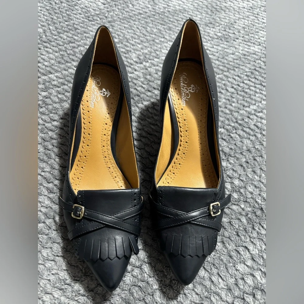 Brooks Brothers black leather fringe and buckle pointed toe heels. Size 7